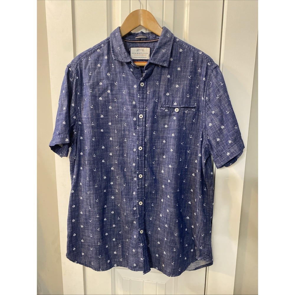 DENIM & FLOWER 100% Cotton Short Sleeve Blue Sailboat Anchor Shirt Size‎ XL